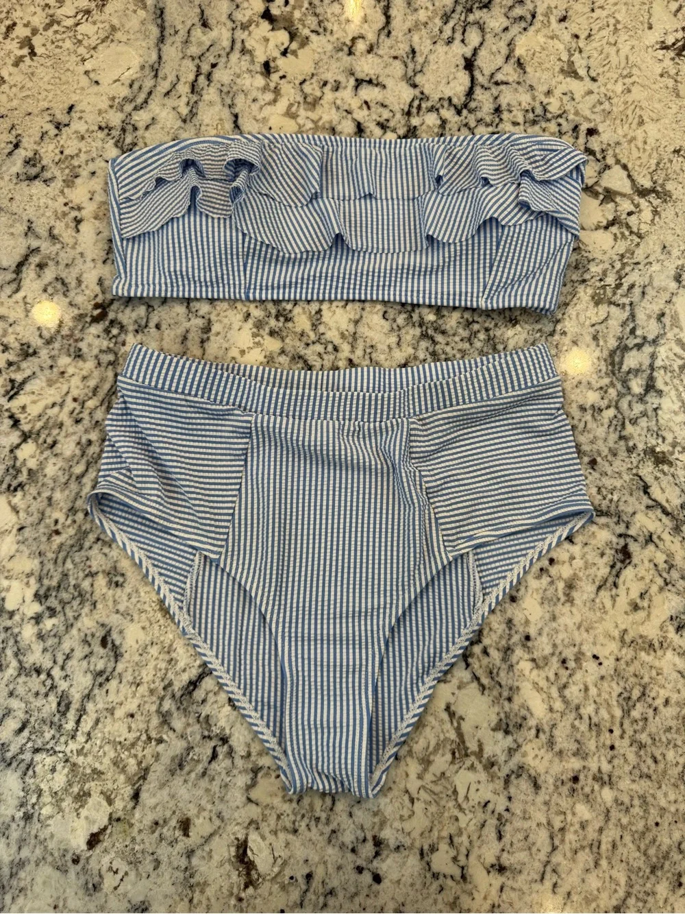 Blue & White Seersucker Ruffle Bandeau Bikini Set High Waist Size L - Picture 2 of 9
